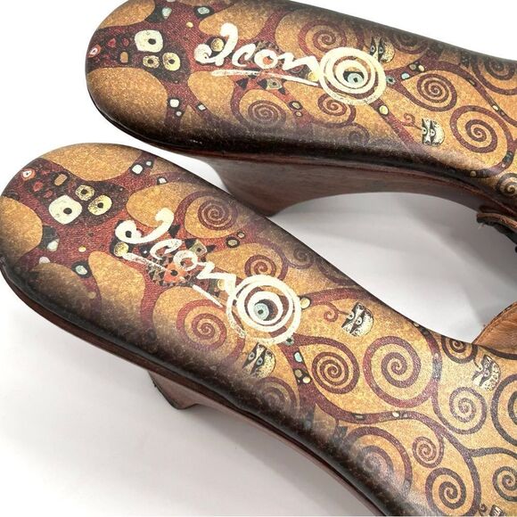 Jcon painted tan brown leather peep toe wooden wedge sole size 9.5 - Picture 9 of 12